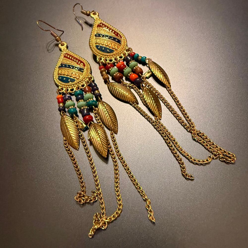 Boho Bohemian Style Beaded Gold Tone Dangly Earrings - Picture 3 of 7